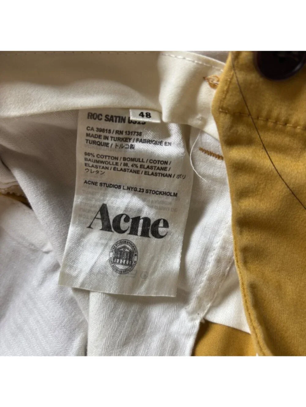 Acne Studios Men's Chino Pants Size 46 Yellow Mustard 30x27